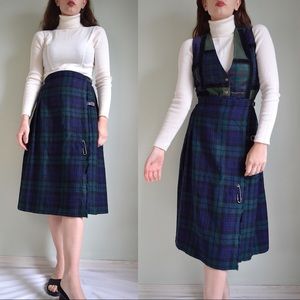 vintage 80s pure wool blue and green plaid midi skirt made in Great Britain